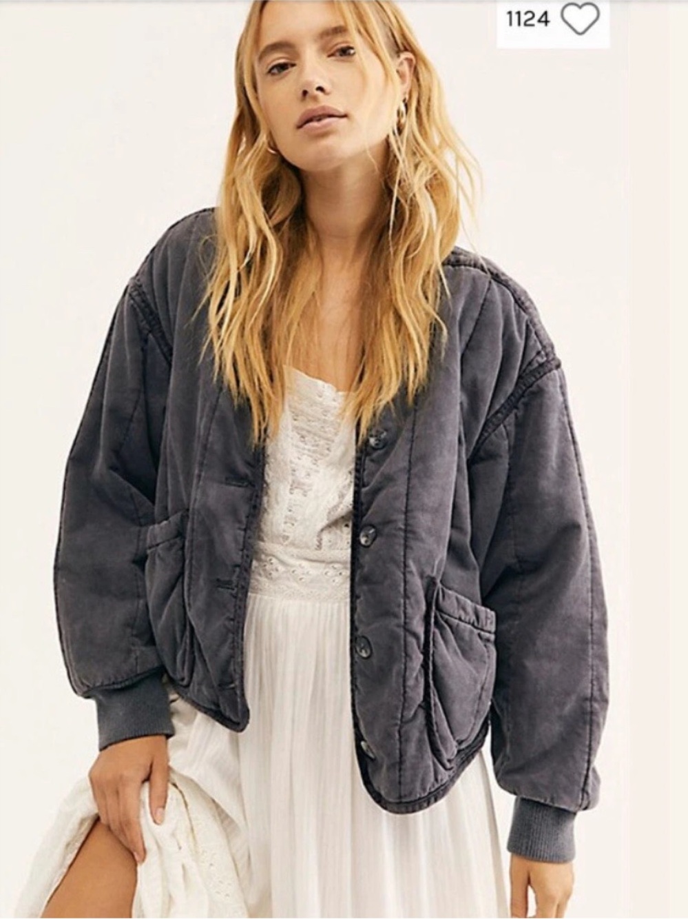 Free People Washed Quilted Puff Jacket in Charcoal Gray black Msrp $168